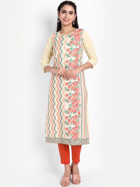 

Ethnic basket Women Cream-Coloured & Pink Ethnic Motifs Printed Floral Crepe Kurta