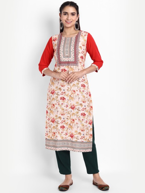 

Ethnic basket Women Peach-Coloured & Red Floral Printed Floral Crepe Kurta