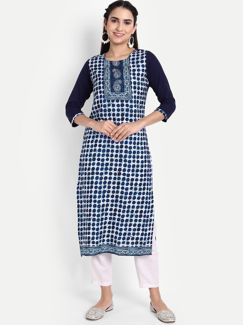 

Ethnic basket Women Blue Printed Thread Work Floral Crepe Kurta