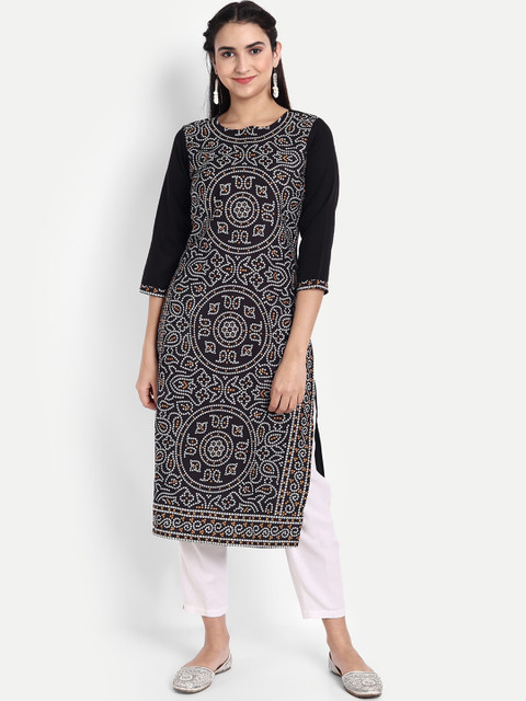 

Ethnic basket Women Black Geometric Printed Thread Work Floral Crepe Kurta
