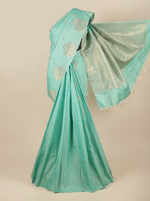 

Pothys Sea Green & Gold-Toned Ethnic Motifs Zari Silk Cotton Saree