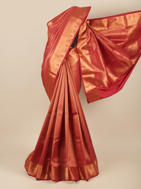 

Pothys Maroon & Gold-Toned Woven Design Zari Pure Silk Saree