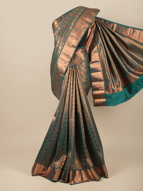 

Pothys Green & Copper-Toned Woven Design Zari Pure Silk Saree