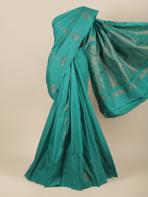 

Pothys Teal & Copper-Toned Woven Design Zari Silk Cotton Saree