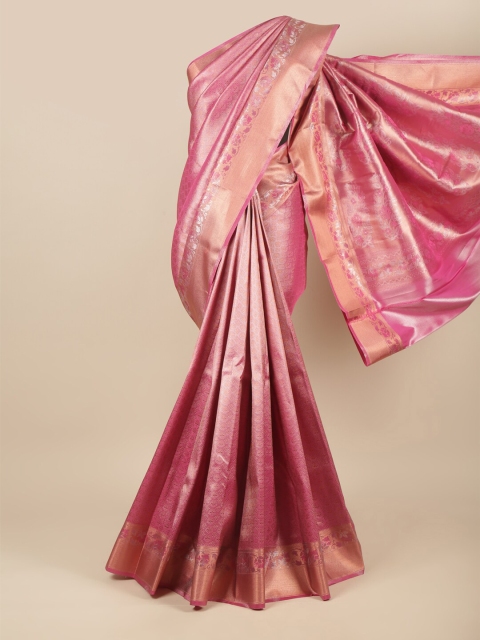 

Pothys Pink & Silver-Toned Floral Zari Pure Silk Saree