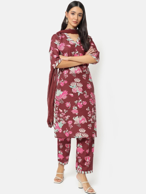 

Saaki Women Brown & Pink Floral Printed Kurta with Trousers & Dupatta