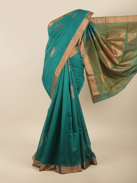

Pothys Green & Gold-Toned Floral Zari Silk Cotton Saree
