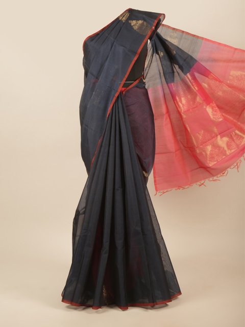 

Pothys Navy Blue & Peach-Coloured Ethnic Motifs Zari Silk Cotton Saree