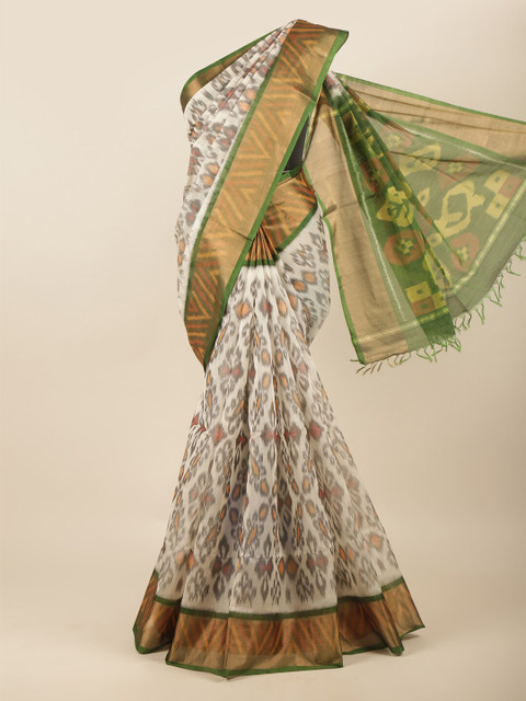 

Pothys Cream-Coloured & Green Ethnic Motifs Zari Silk Cotton Saree
