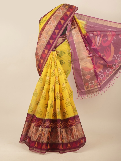 

Pothys Yellow & Purple Floral Printed Silk Cotton Saree