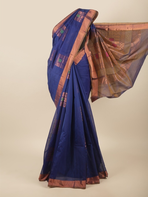 

Pothys Blue & Gold-Toned Floral Zari Silk Cotton Saree