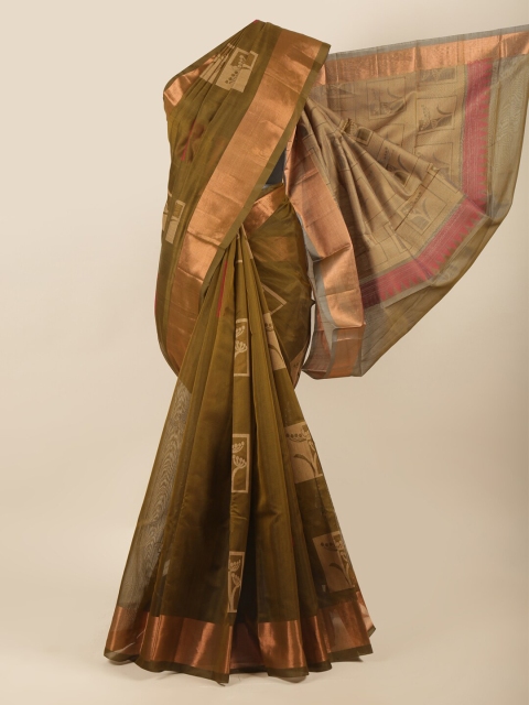 

Pothys Green & Gold-Toned Woven Design Zari Silk Cotton Saree