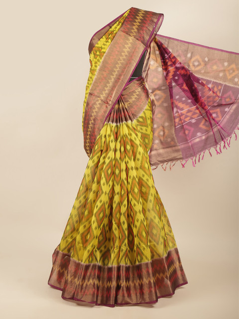 

Pothys Yellow & Purple Floral Zari Silk Cotton Saree