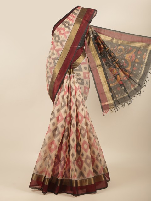 

Pothys Cream-Coloured & Maroon Zari Silk Cotton Saree