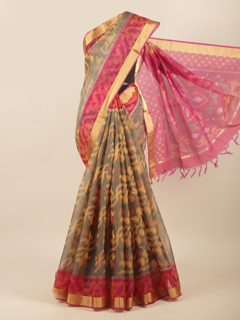 

Pothys Grey & Fuchsia Floral Zari Silk Cotton Saree