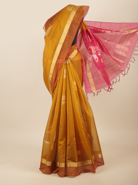 

Pothys Mustard Yellow & Pink Ethnic Motifs Zari Silk Cotton Saree