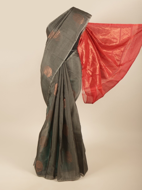 

Pothys Grey & Red Ethnic Motifs Zari Silk Cotton Saree