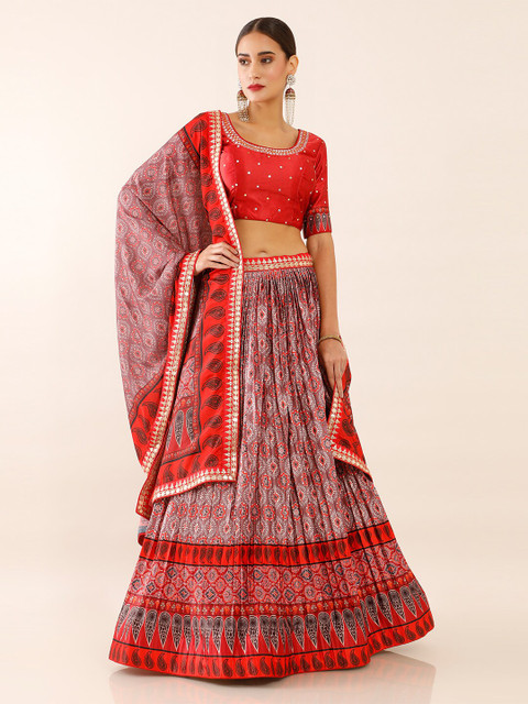 

Soch Women Red & Black Printed Unstitched Lehenga Choli Set With Dupatta