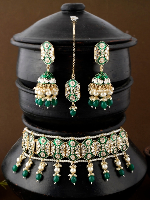 

Shoshaa Gold-Plated Green & White Beaded Choker with Earrings & Maang Tikka