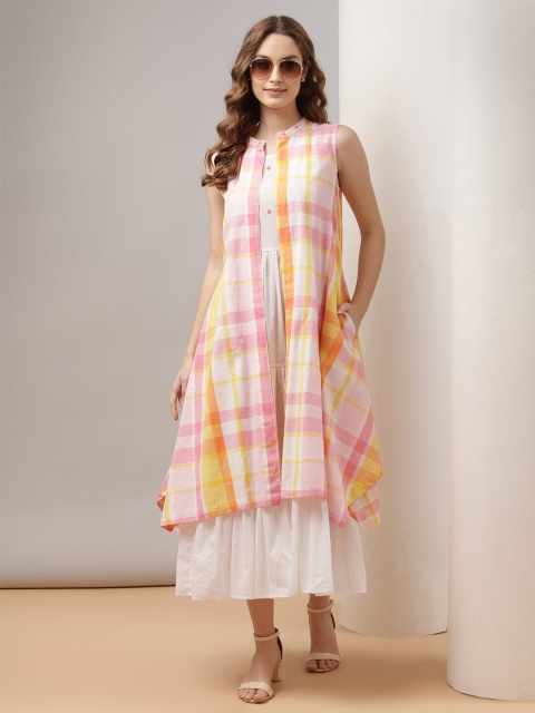 

TERQUOIS Pink Checked A-Line Midi Dress