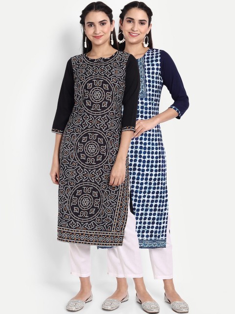 

KALINI Women Black & Blue Embroidered Thread Work Crepe Kurta