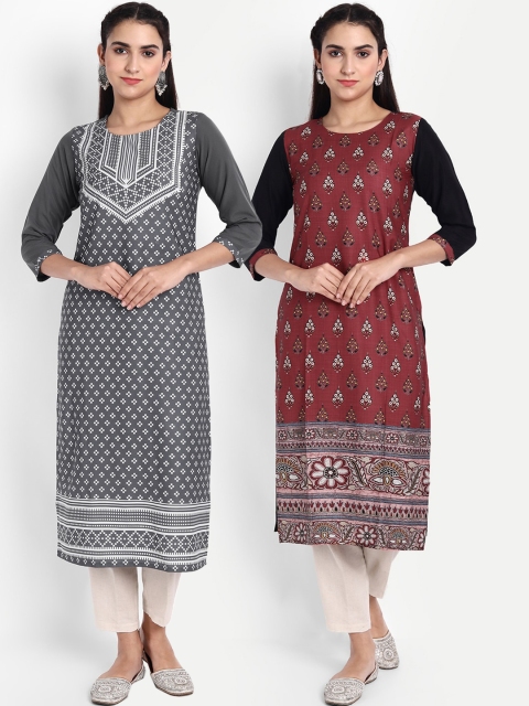 

KALINI Women Grey & Maroon Ethnic Motifs Printed Crepe Kurta
