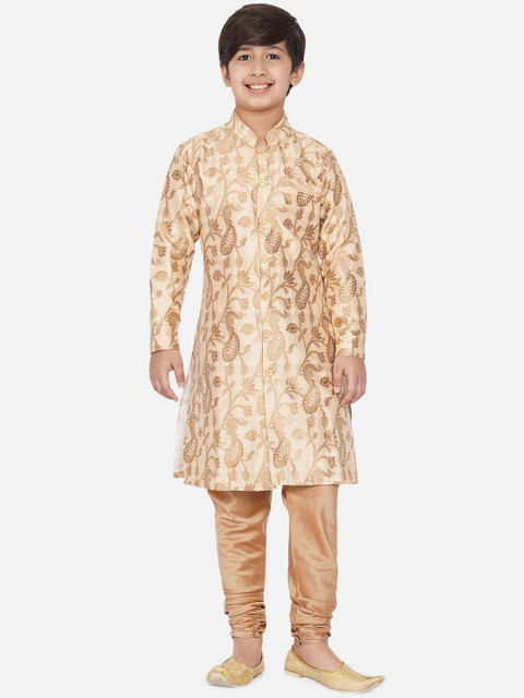 

titliyan Boys Beige & Gold Jacquard Design Sherwani Set