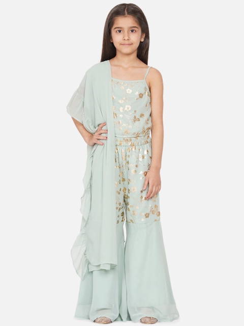 

titliyan Girls Sea Green Gold Foil Printed Crop Top & Sharara With Ruffle Dupatta