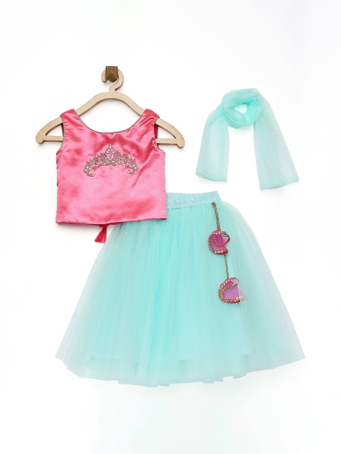 

MANY FROCKS & Girls Pink & Blue Embellished Ready to Wear Lehenga Choli & Dupatta