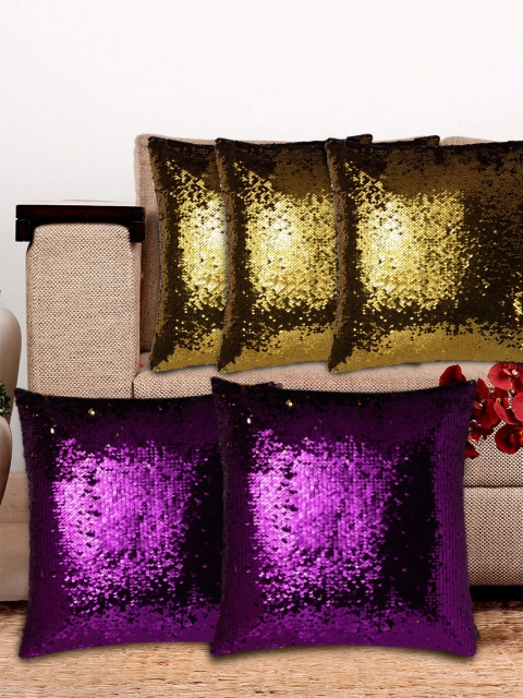 

DREAM WEAVERZ Purple & Gold-Toned Set of 5 Embellished Silk Square Cushion Covers