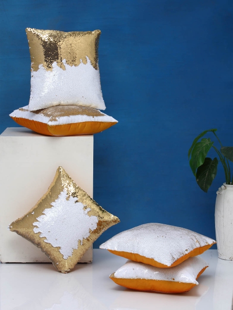 

DREAM WEAVERZ White & Gold-Toned Set of 5 Embellished Square Cushion Covers