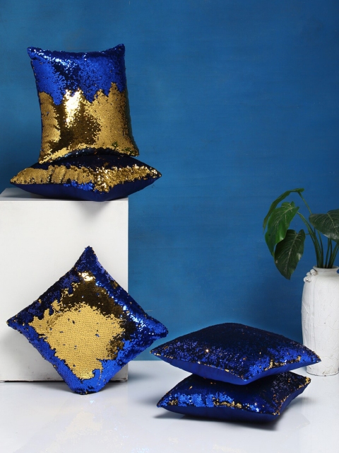 

DREAM WEAVERZ Blue & Gold-Toned Set of 5 Embellished Square Cushion Covers