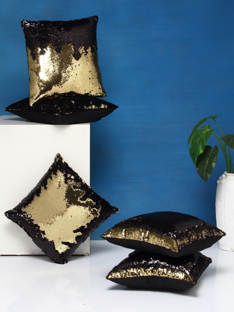 

DREAM WEAVERZ Black & Gold-Toned Set of 5 Embellished Square Cushion Covers