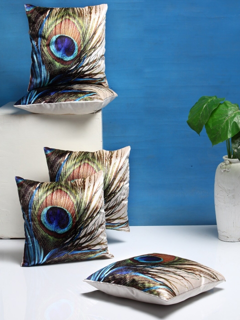 

DREAM WEAVERZ White & Green Set of 5 Ethnic Motifs Velvet Square Cushion Covers