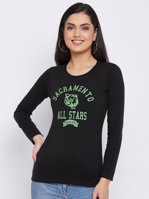 

THE MILLION CLUB Women Black & Green Typography Printed T-shirt