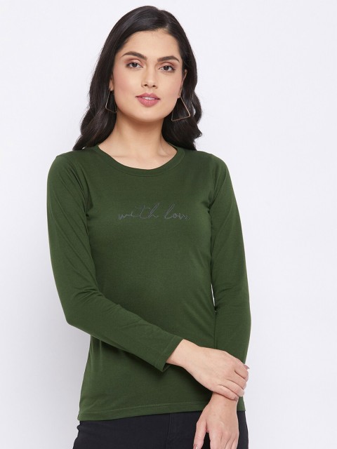 

THE MILLION CLUB Women Olive Green Typography T-shirt