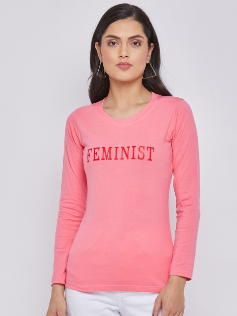 

THE MILLION CLUB Women Pink Typography V-Neck Applique T-shirt