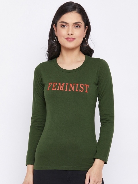 

THE MILLION CLUB Women Olive Green Typography Printed T-shirt
