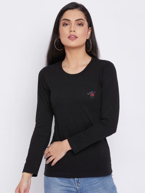 

THE MILLION CLUB Women Black Polo Collar T-shirt