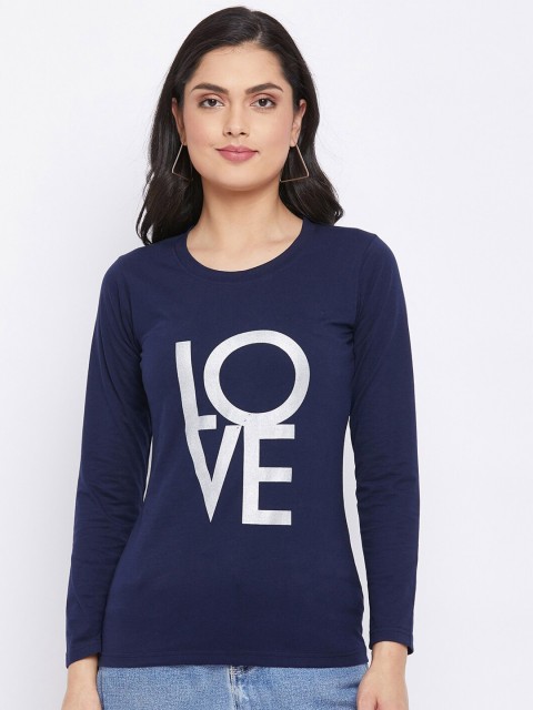 

THE MILLION CLUB Women Navy Blue & White Typography Printed T-shirt