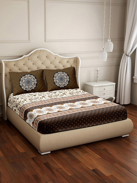 

BELLA CASA Brown & Blue Printed Pure Cotton 350 TC Super King Bedsheet & 2 Pillow Covers