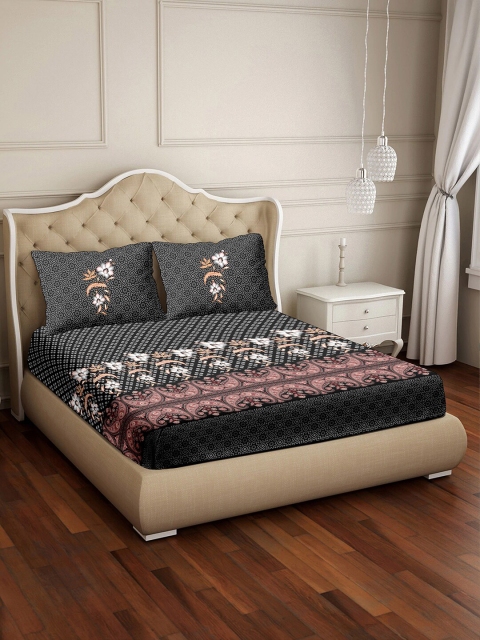 

BELLA CASA Brown & Pink Floral 350 TC King Bedsheet with 2 Pillow Covers