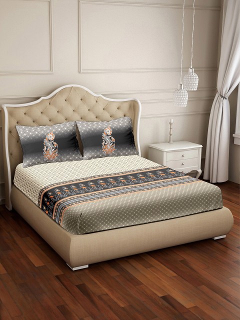 

BELLA CASA Beige & Grey Ethnic Motifs 350 TC Cotton King Bedsheet with 2 Pillow Covers