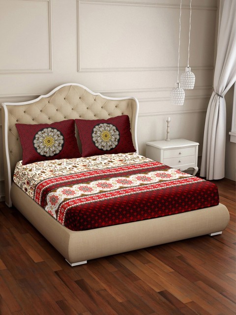 

BELLA CASA Maroon & White Ethnic Motifs 350 TC King Cotton Bedsheet with 2 Pillow Covers