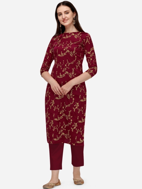 

Tikhi Imli Women Maroon & Gold-Toned Ethnic Motifs Printed Thread Work Satin Kurta