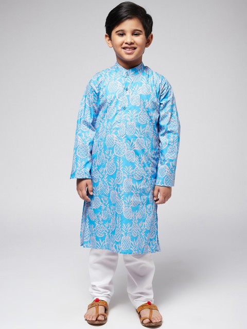 

SOJANYA Boys Blue Ethnic Motifs Printed Angrakha Pure Cotton Kurta with Pyjamas