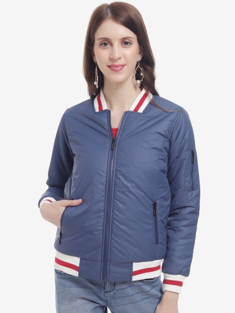 

THE MILLION CLUB Women Blue Striped Insulator Varsity Jacket