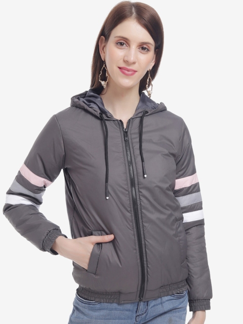 

THE MILLION CLUB Women Grey Striped Insulator Bomber Jacket