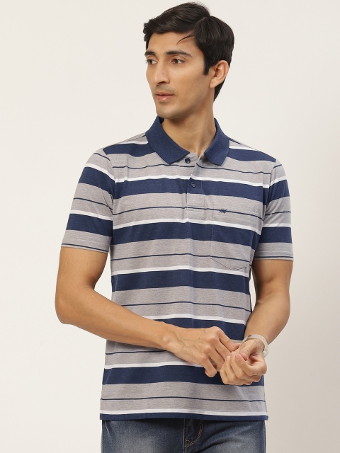 

Monte Carlo Men Navy Blue & Grey Striped Polo Collar Pure Cotton T-shirt
