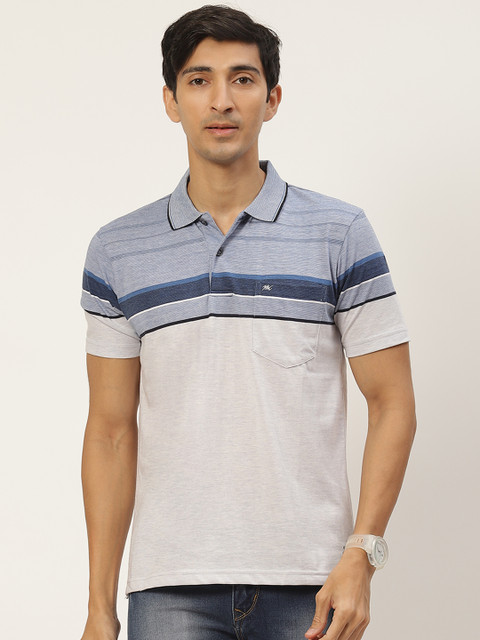 

Monte Carlo Men Blue & Grey Melange Striped Polo Collar Pure Cotton T-shirt with Mask